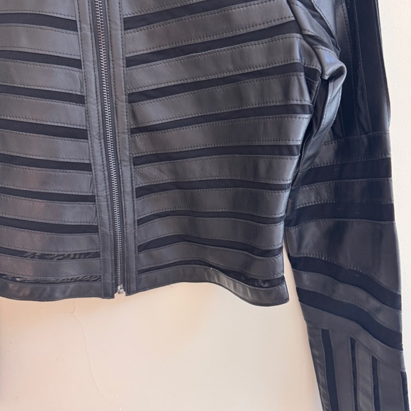 Overland Black Short Lamb Leather and Mesh Stripe Full Zip Jacket Womens Size XS - Picture 7 of 16
